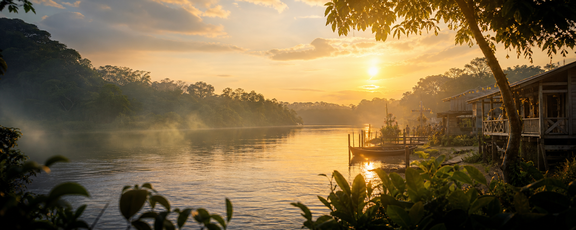 Paisagem amazônica com rio e comunidade ribeirinha